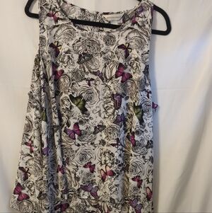 Christopher & Banks White Tank Top with Purple & Green Butterfly Print